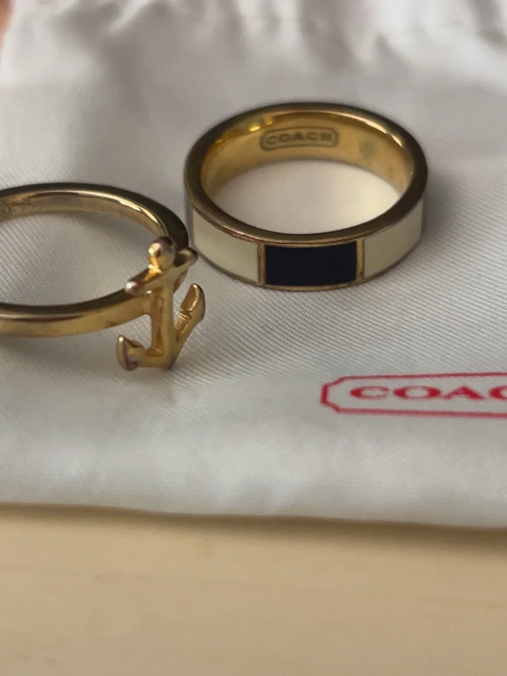 Coach Stackable Ring Trio with Gold Anchor, Rope, and Navy and Cream Inlay bands